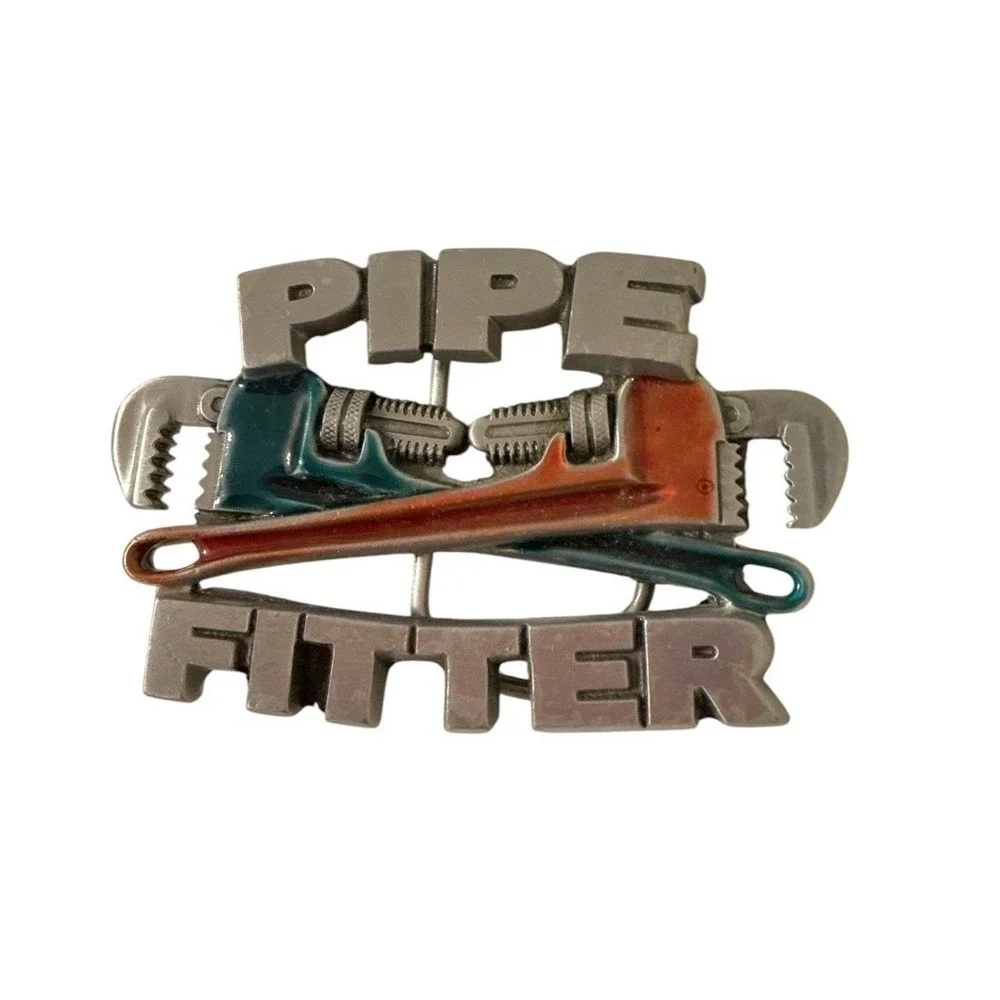 Vintage Pipefitter 1990 Belt Buckle Silver tone Red & Blue Embellishment Tools